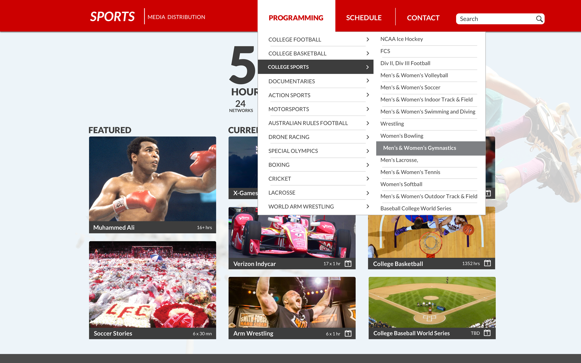 Redesigned ESPN sports media homepage with mega menu